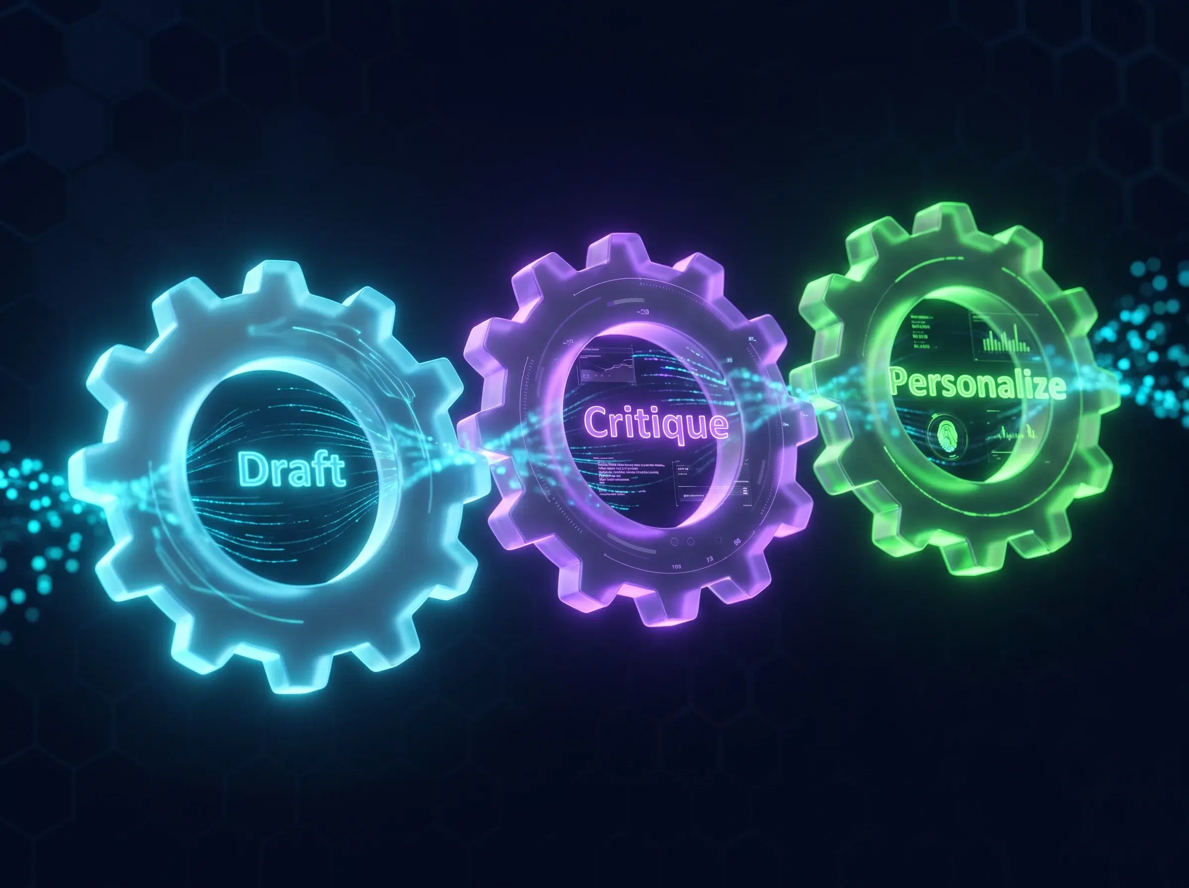 Three glowing stages — Draft, Critique, Personalize — connected by neon particle streams