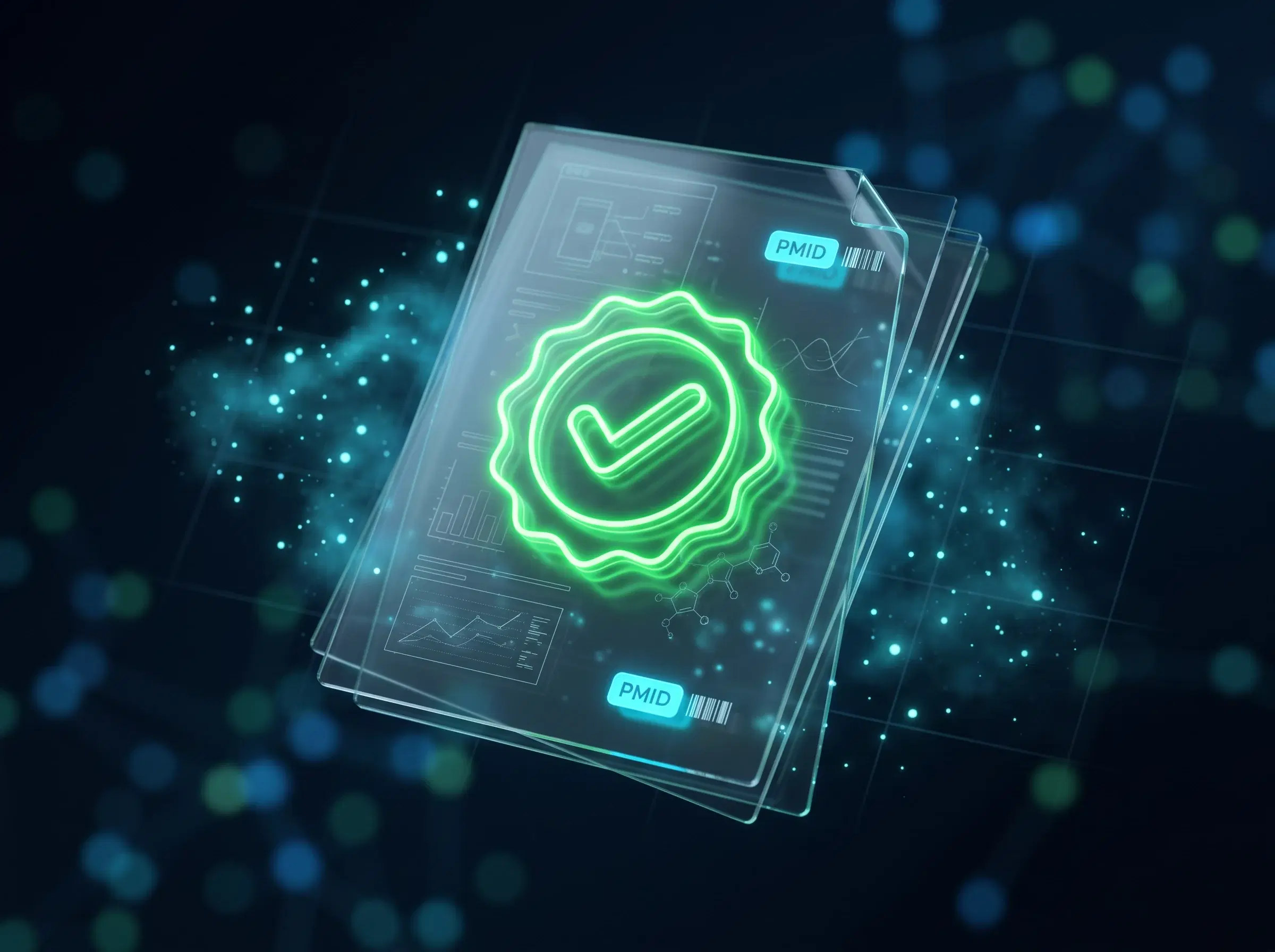 Glowing green checkmark seal on a stack of translucent scientific papers with PMID badges