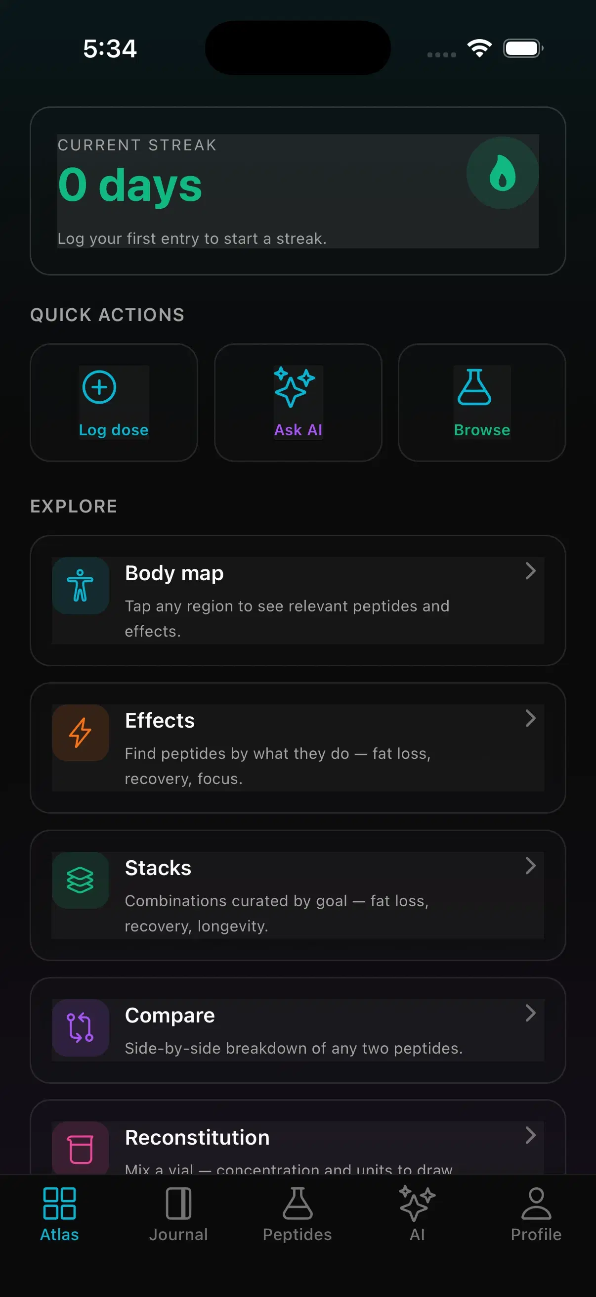 Peptide Atlas mobile app dashboard — streak, quick actions, and the Atlas explore menu